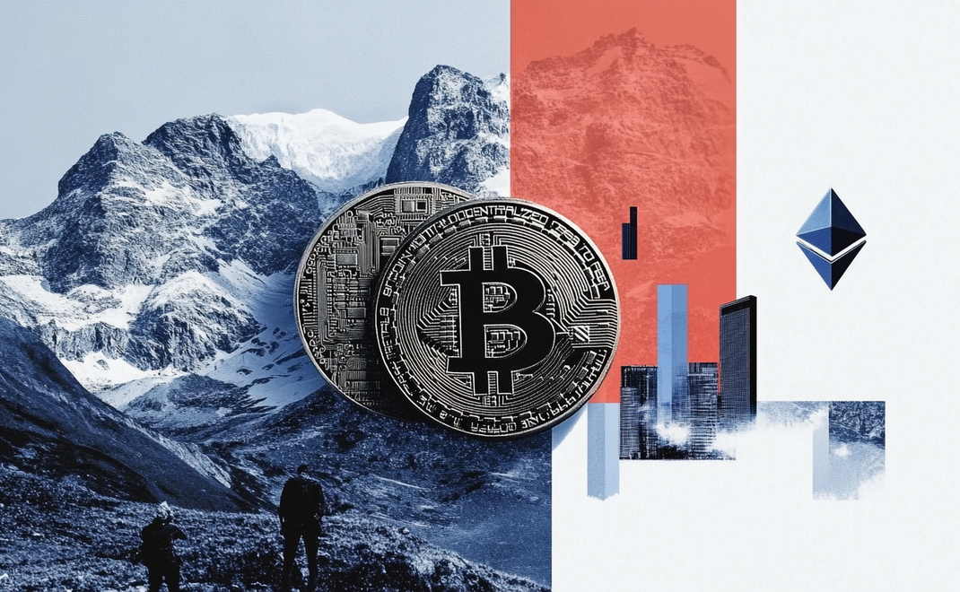 Bitcoin und Ethereum vor düsteren Bergen, fallende Kurse
