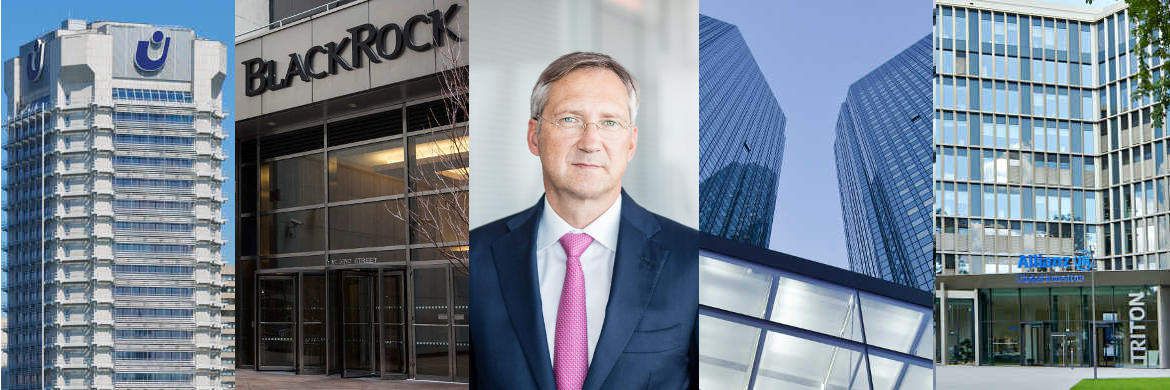 Bert Flossbach (Mitte) und die Firmensitze von Union Investment, Blackrock (Foto: Getty Images), Deutsche Bank und Allianz Global Investors (v.l.)