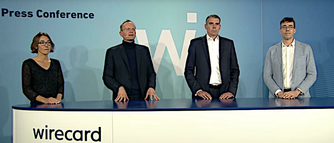 Der Wirecard-Vorstand im Video (von links): Susanne Steidl, Markus Braun (Chef), Alexander von Knoop, James Freis, Jr. (Neueinsteiger)