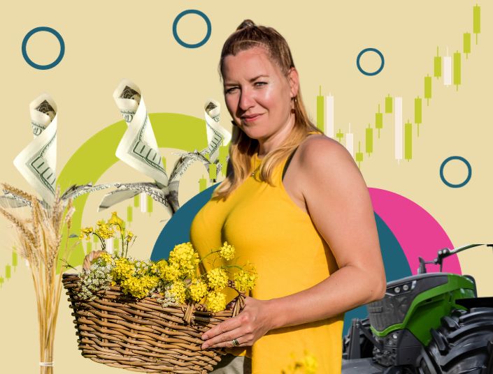 Weizenäre, Landfrau und Traktor